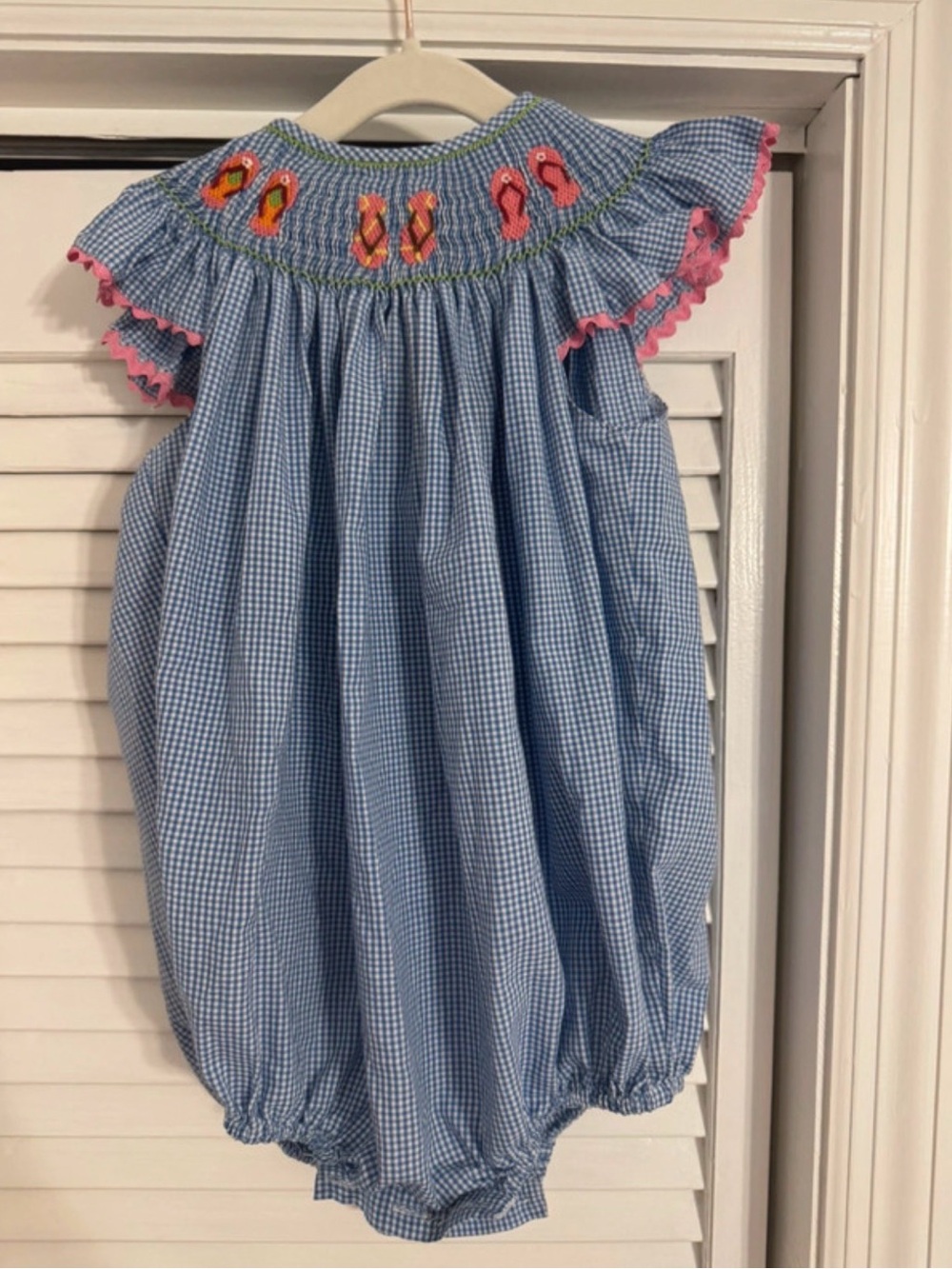 Blue Gingham Bubble Romper with Pink Trim